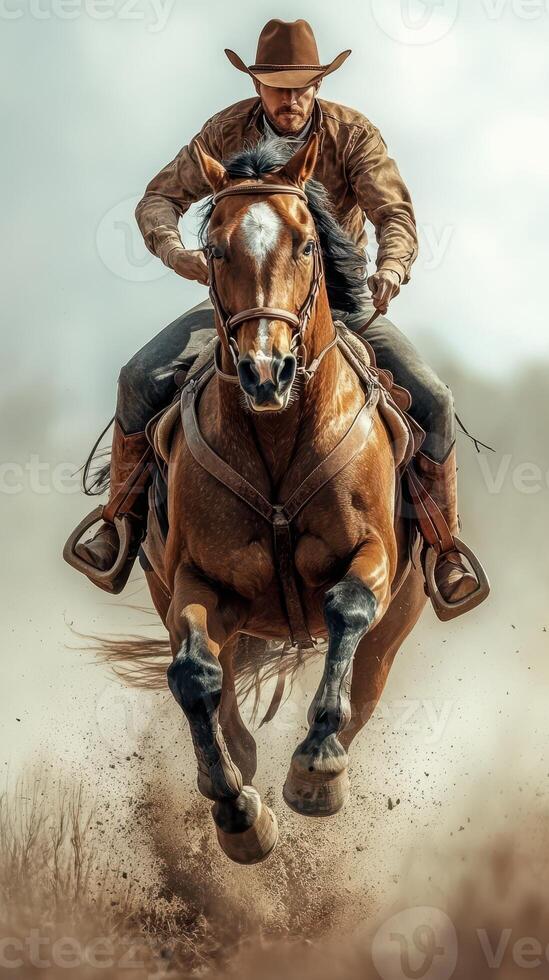 Rider skillfully gallops on a powerful horse through dusty terrain under a cloudy sky photo