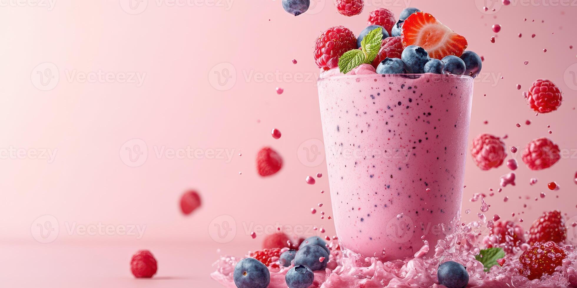 Delicious berry smoothie splashing with freshness on a pink background in a bright studio photo