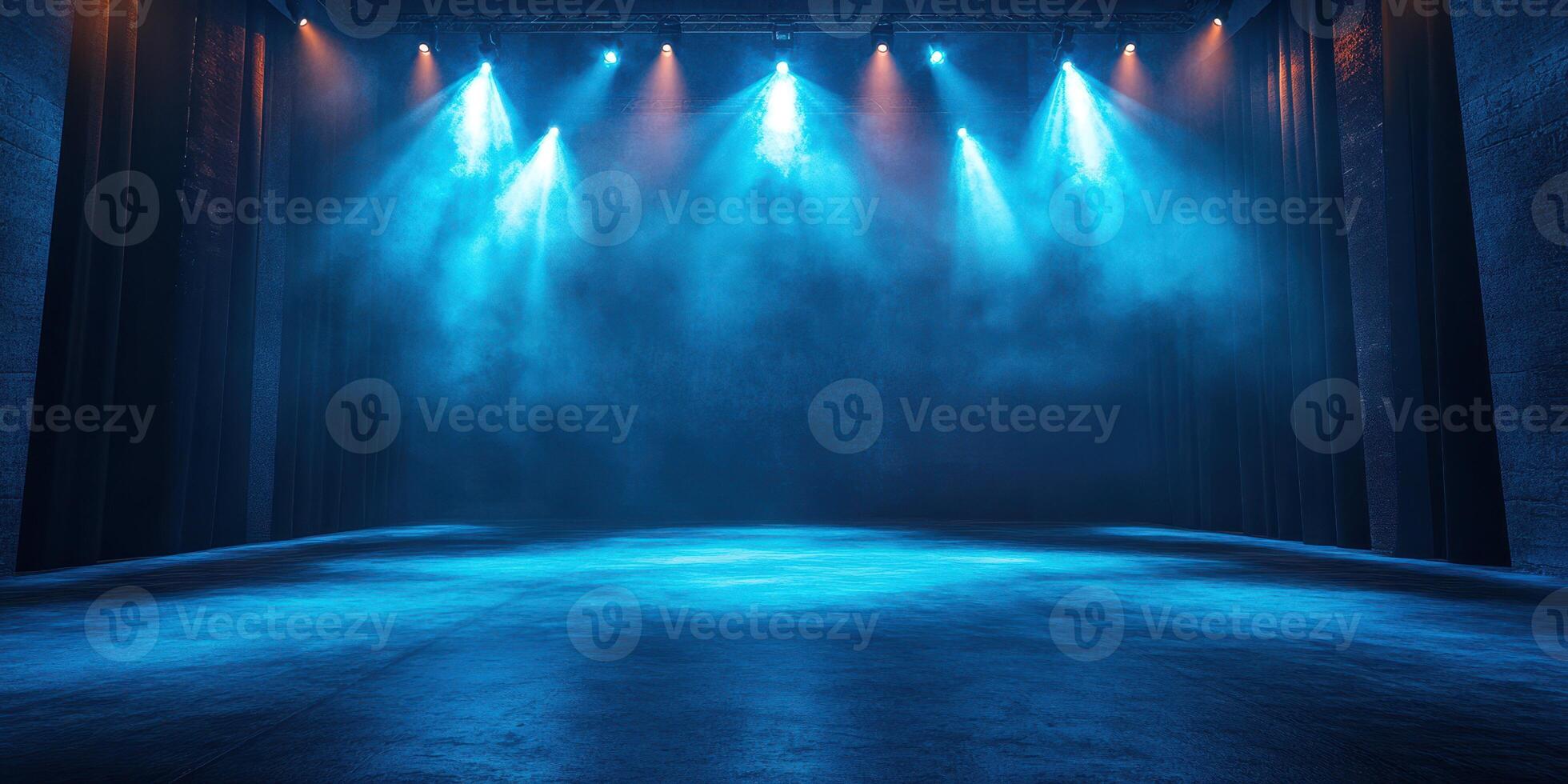 Illuminated stage with blue lighting effects in an empty theater environment during a performance preparation photo