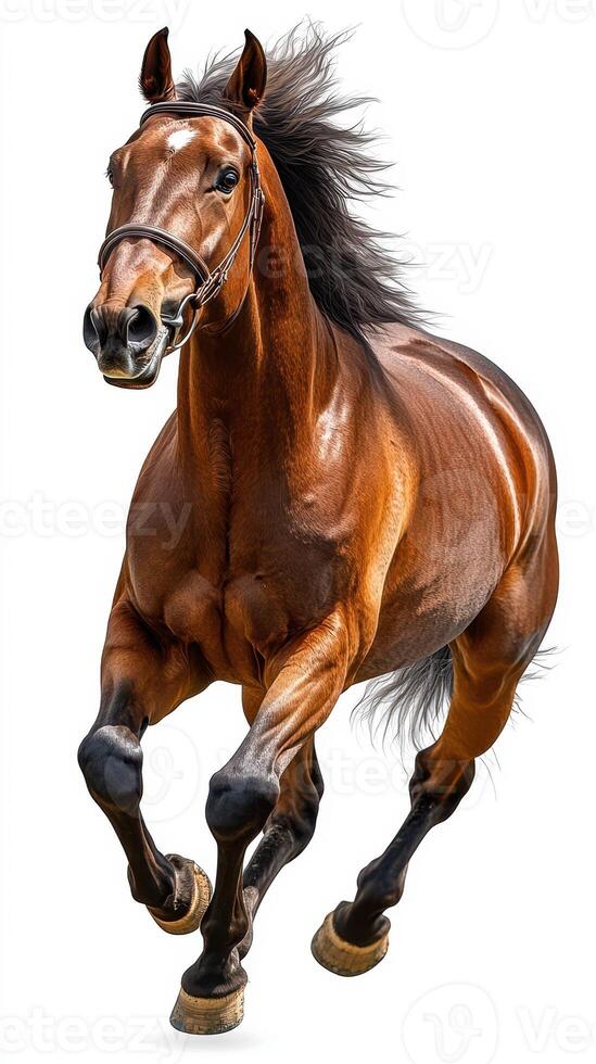 Powerful brown horse running with energy against a clean background in a dynamic pose photo