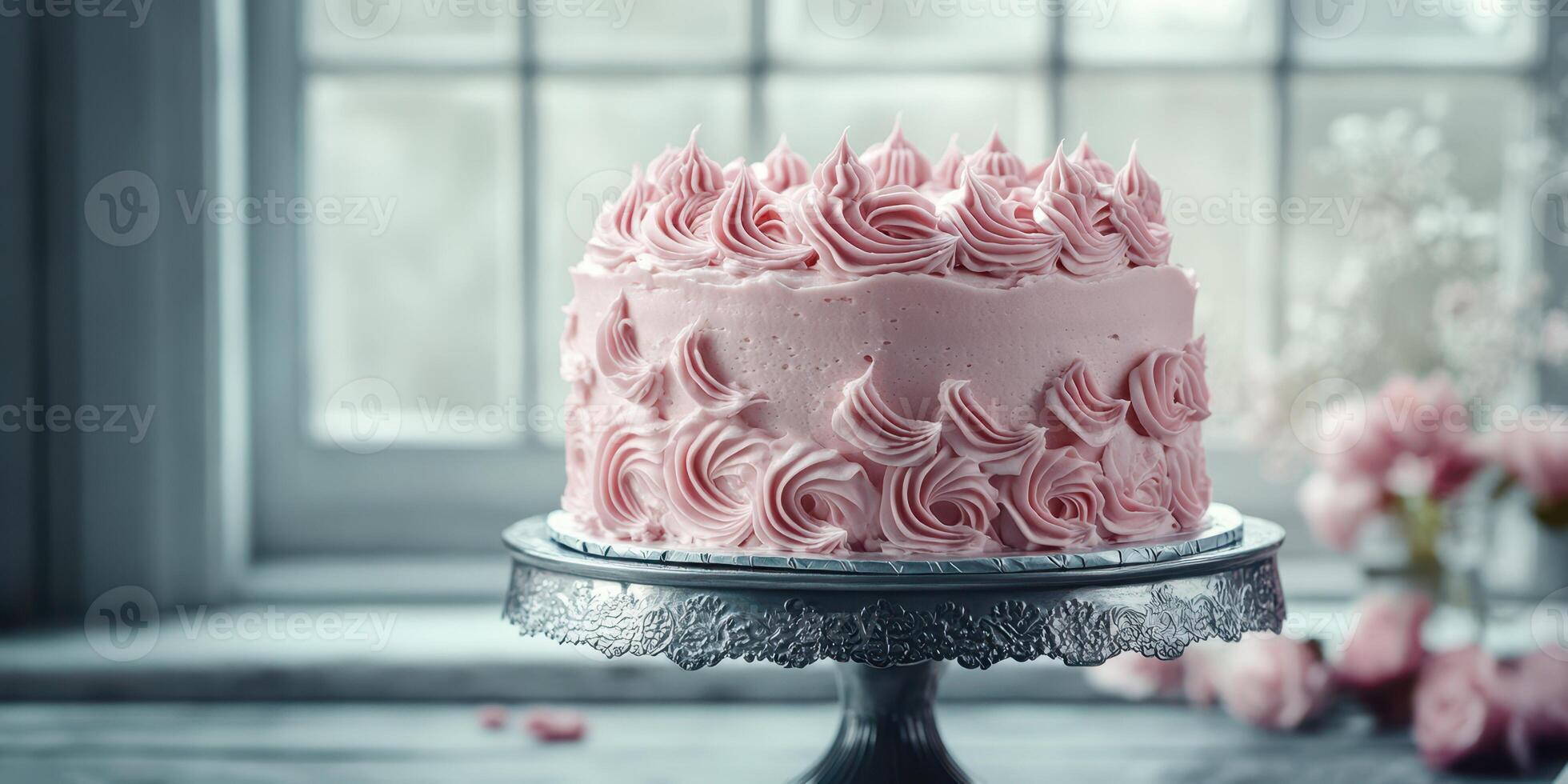 Elegant pink frosted cake displayed on a silver stand in a sunlit room with floral decorations photo