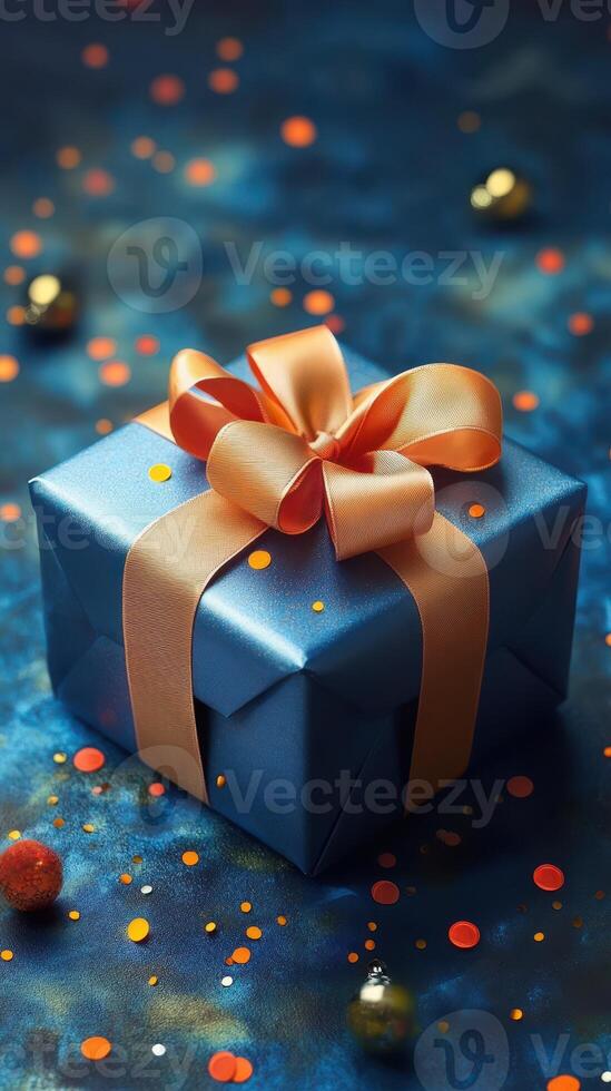Colorful gift wrapped in blue paper with an orange bow and confetti scattered on a dark background photo