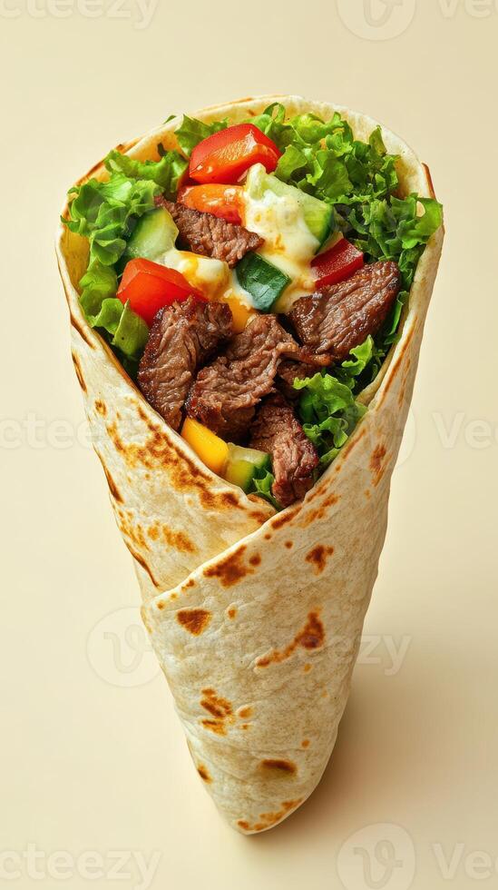 Delicious steak wrap filled with fresh vegetables and creamy sauce ready to be enjoyed photo