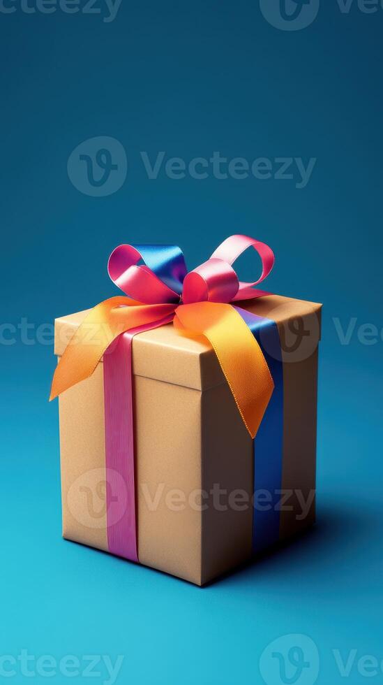 Unique gift box with a colorful bow against a blue backdrop in a vibrant, festive atmosphere photo