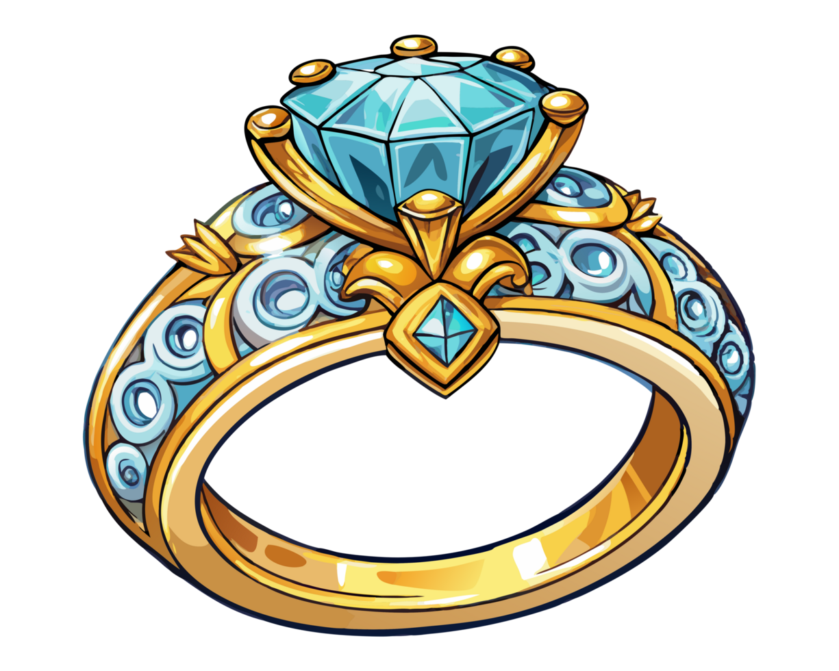 Luxurious diamond ring featuring intricate vintage patterns on transparent background png
