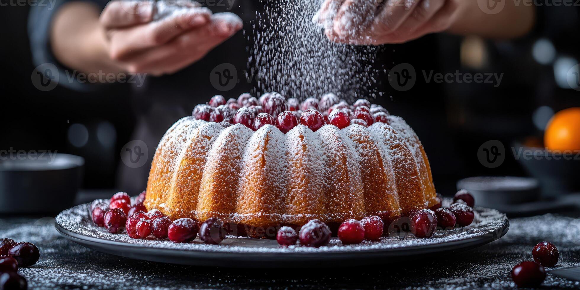 Delicious bundt cake being decorated with powdered sugar and cranberries in a cozy kitchen setting photo