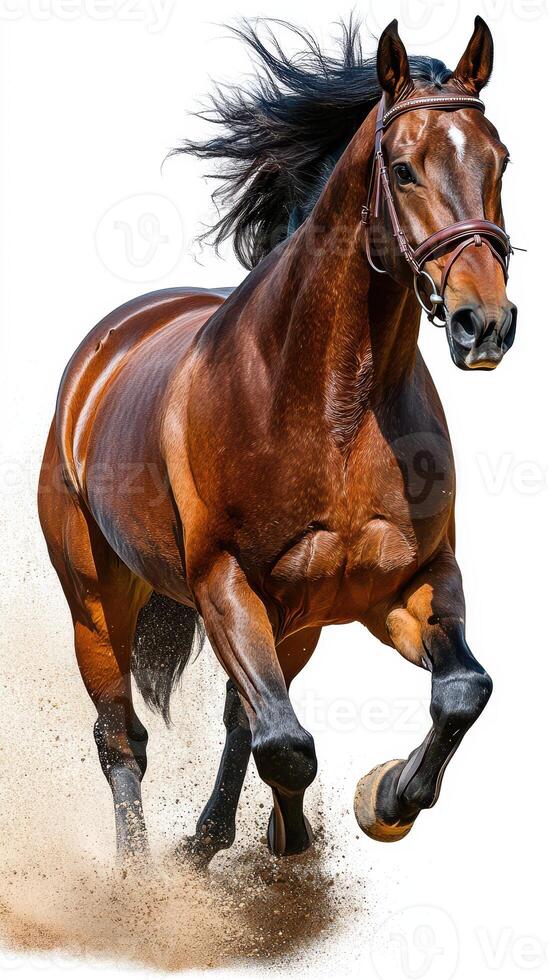 Majestic brown horse galloping with powerful energy on a sandy surface in bright lighting photo