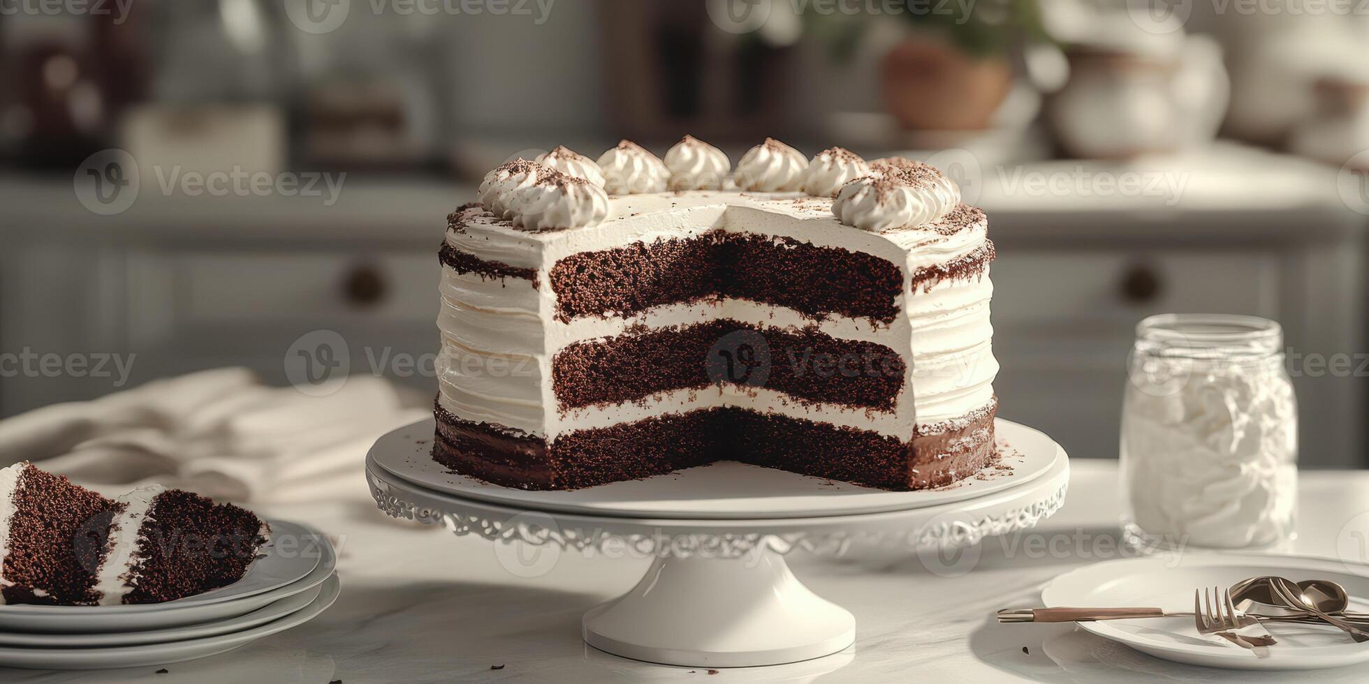 Delicious chocolate cake served on a white cake stand in a cozy kitchen setting during a morning gathering photo