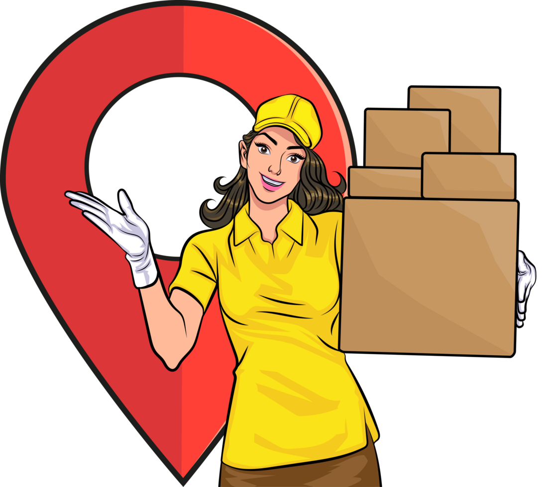 A beautiful, cheerful female employee holds several parcel boxes with strength. png