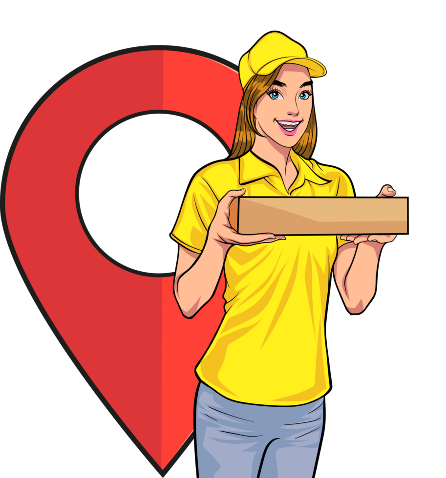 A smiling female employee delivers parcels to customers with precision and safety. png