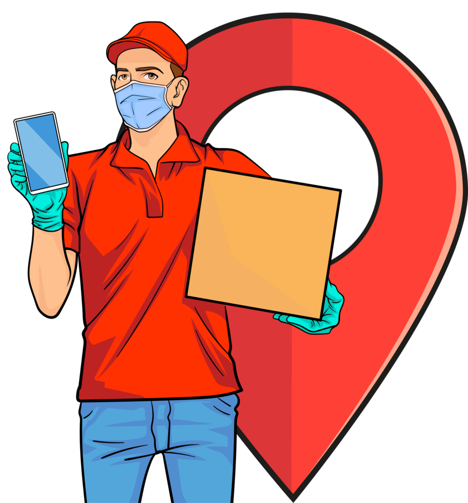 Pop art worker wearing a medical mask while delivering packages. png