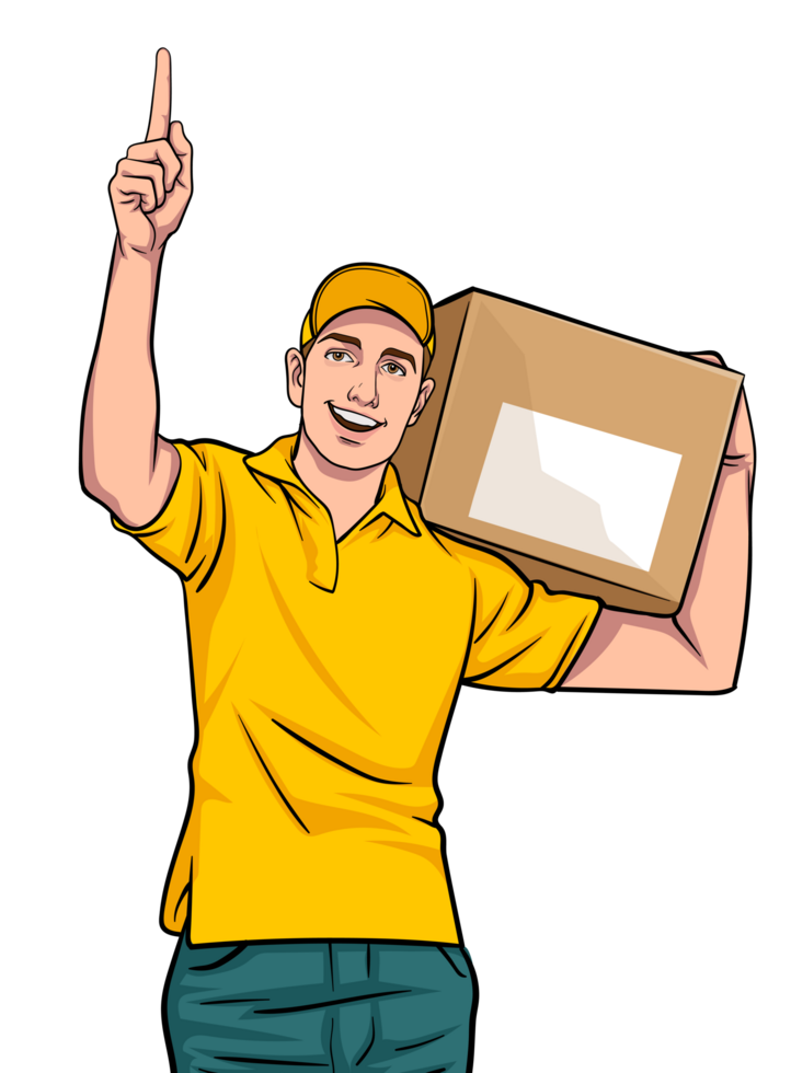 The delivery staff in uniforms carry parcel boxes with smiling faces and raise their fingers to the sky to show that they are number one in transportation. png