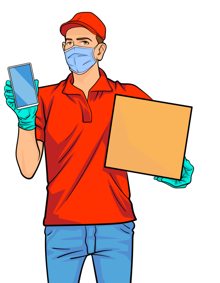 Retro delivery staff wearing red uniforms, gloves and masks for safety. png
