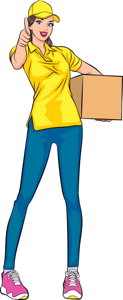 A beautiful, long-haired, pop-art delivery girl moves parcels with strength to prepare for delivery. png