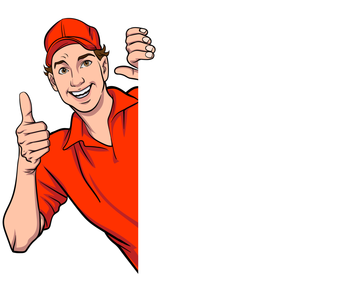 A handsome young delivery man in a uniform gives a thumbs-up gesture in appreciation behind a large billboard. png