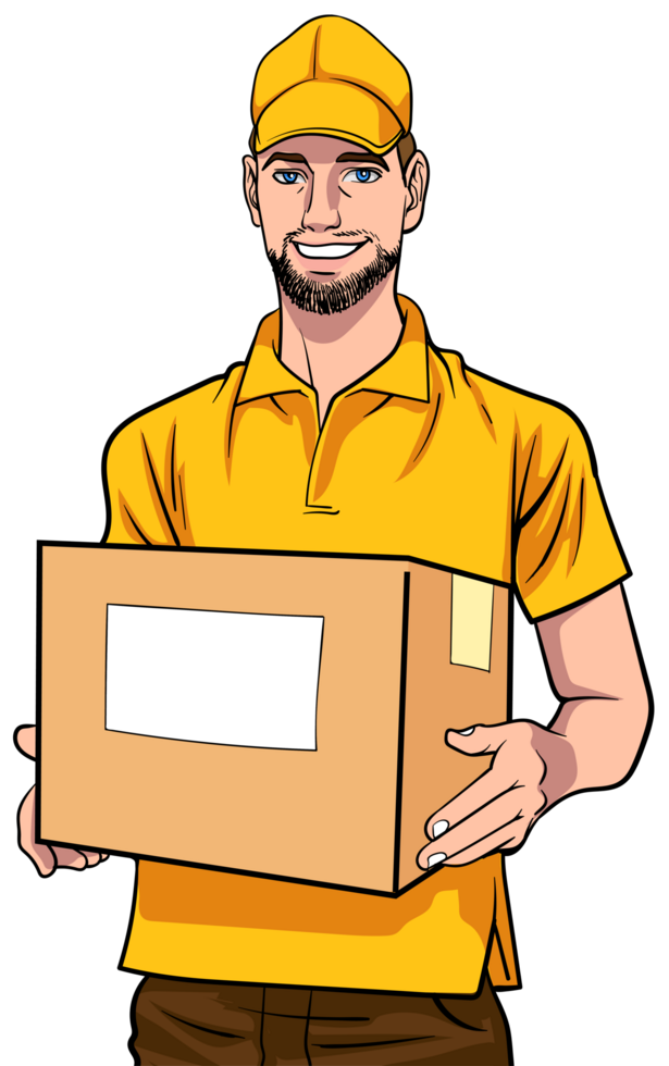Comic courier checking delivery details on a commercial package. png