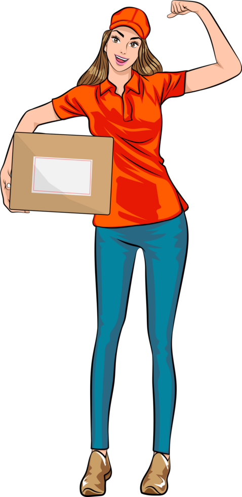 A smiling female delivery worker in a pop art uniform moves a package ready for delivery. png