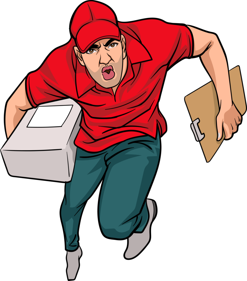 Comic-style worker carrying a heavy package with effort. png