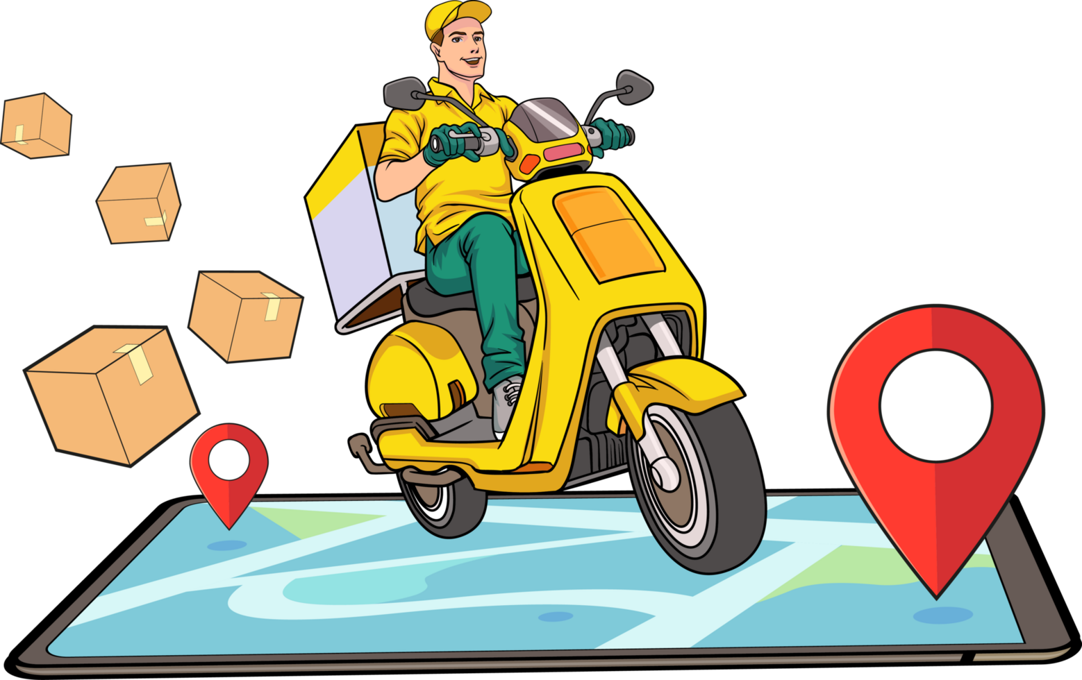 Comic courier riding a motorcycle for fast urban delivery. png