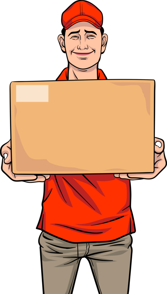A smiling male delivery man lifts a large parcel box. png