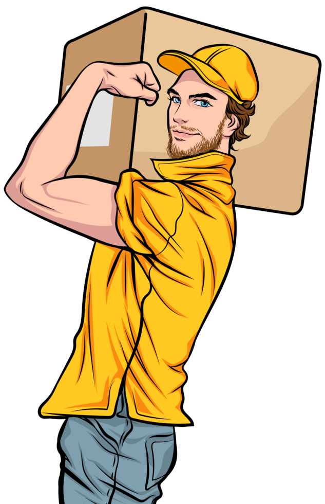 Delivery man flexes his muscles while carrying a large parcel box with strength png