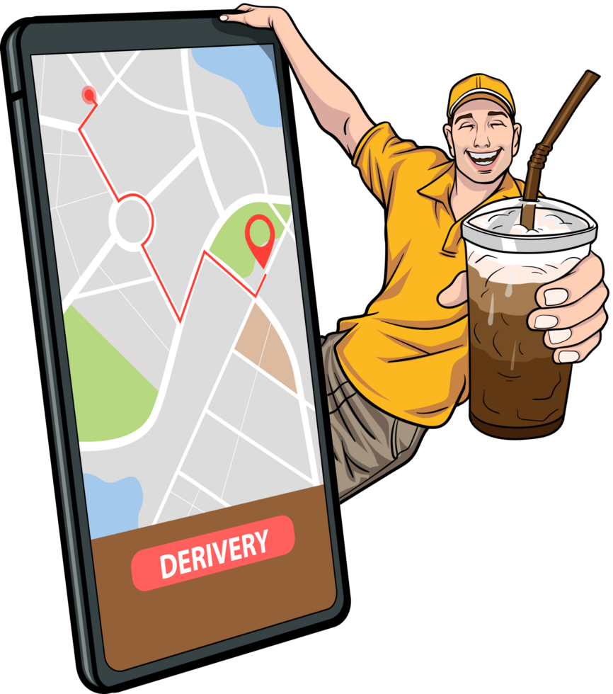 A large smartphone billboard that conveys the message of a caring online order delivery person png