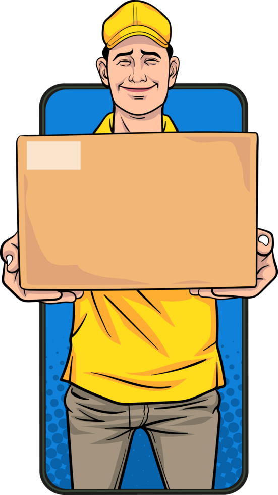 Advertisement of delivery man standing in front of large mockup smartphone promoting fast delivery png
