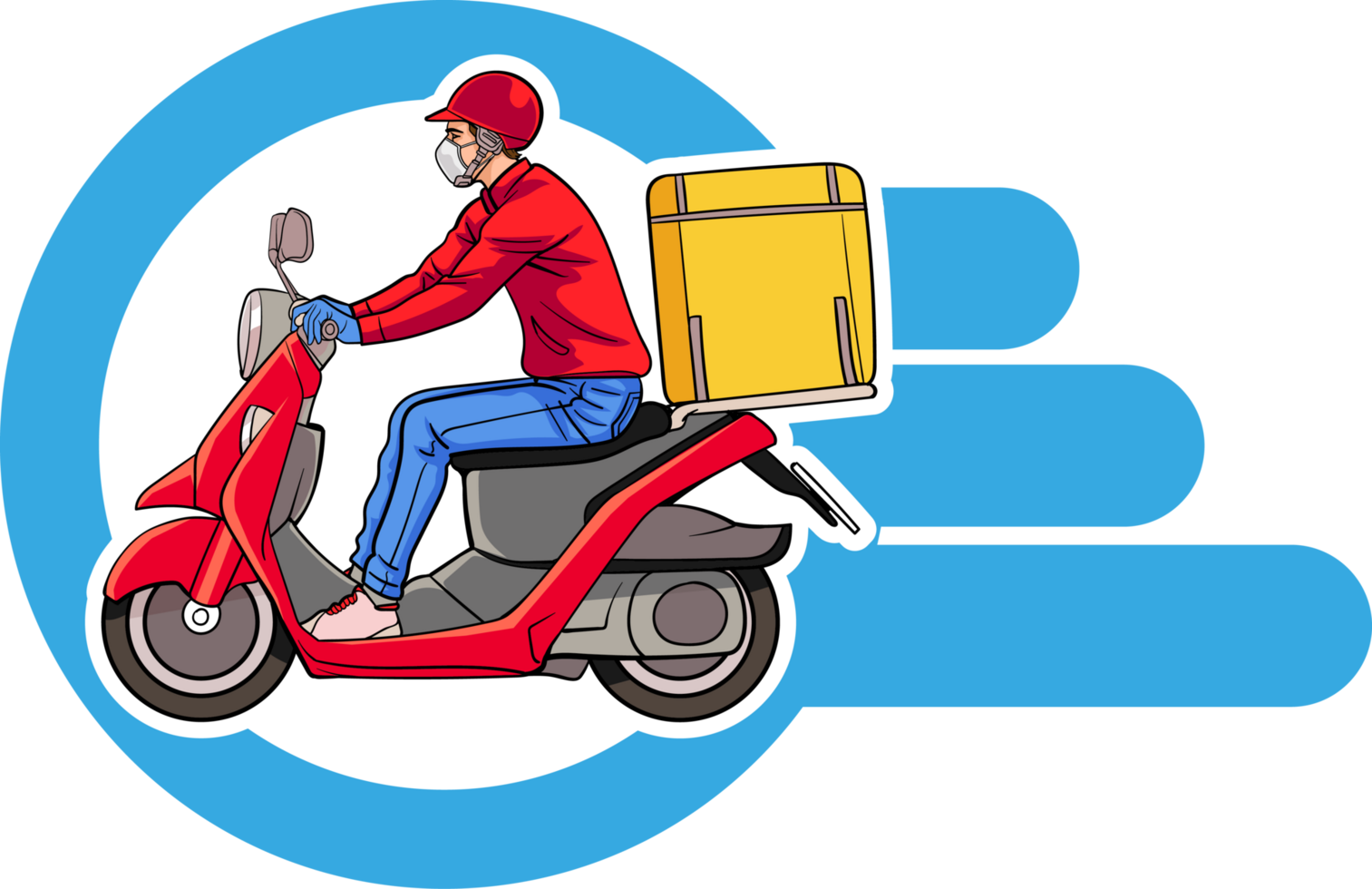 Pop art motorcycle courier navigating through city streets. png