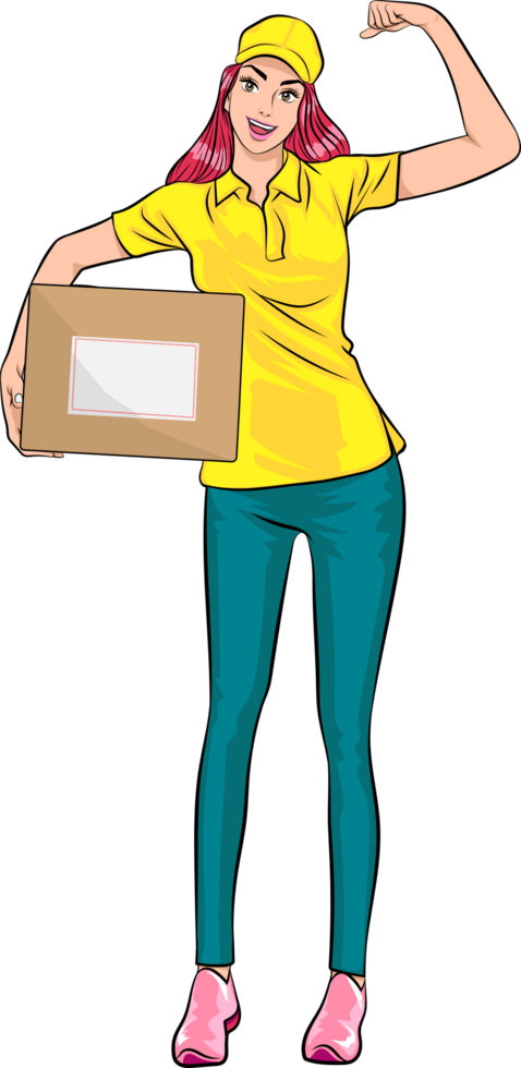 A beautiful, long-haired, pop-art delivery girl moves parcels to prepare for delivery. png
