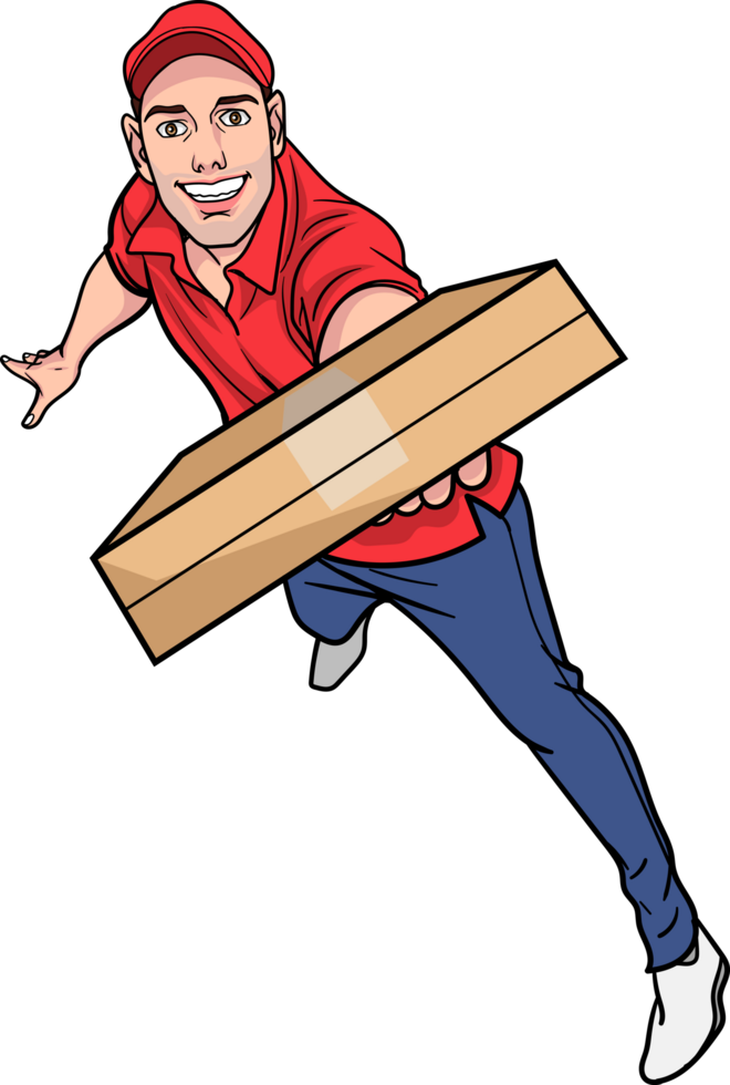 Retro commercial delivery worker sealing a carton box. png