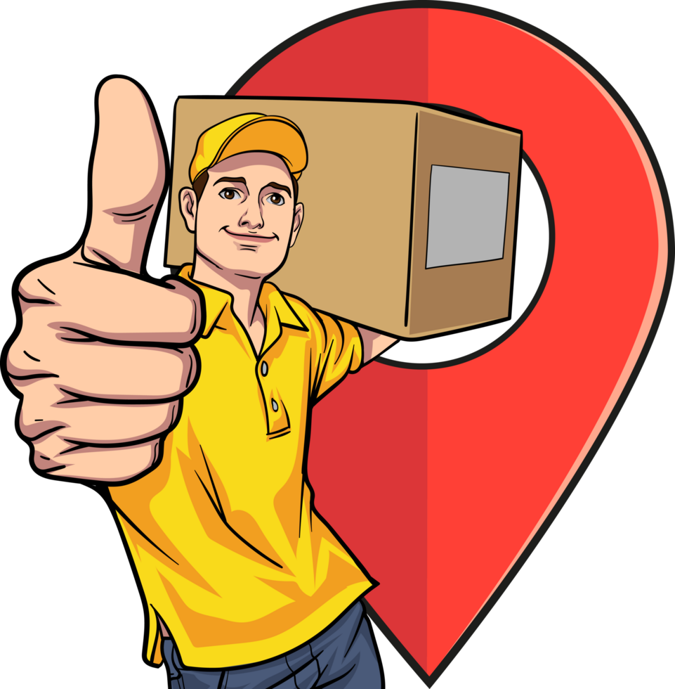 Pop art delivery man confirming a parcel drop-off location. png