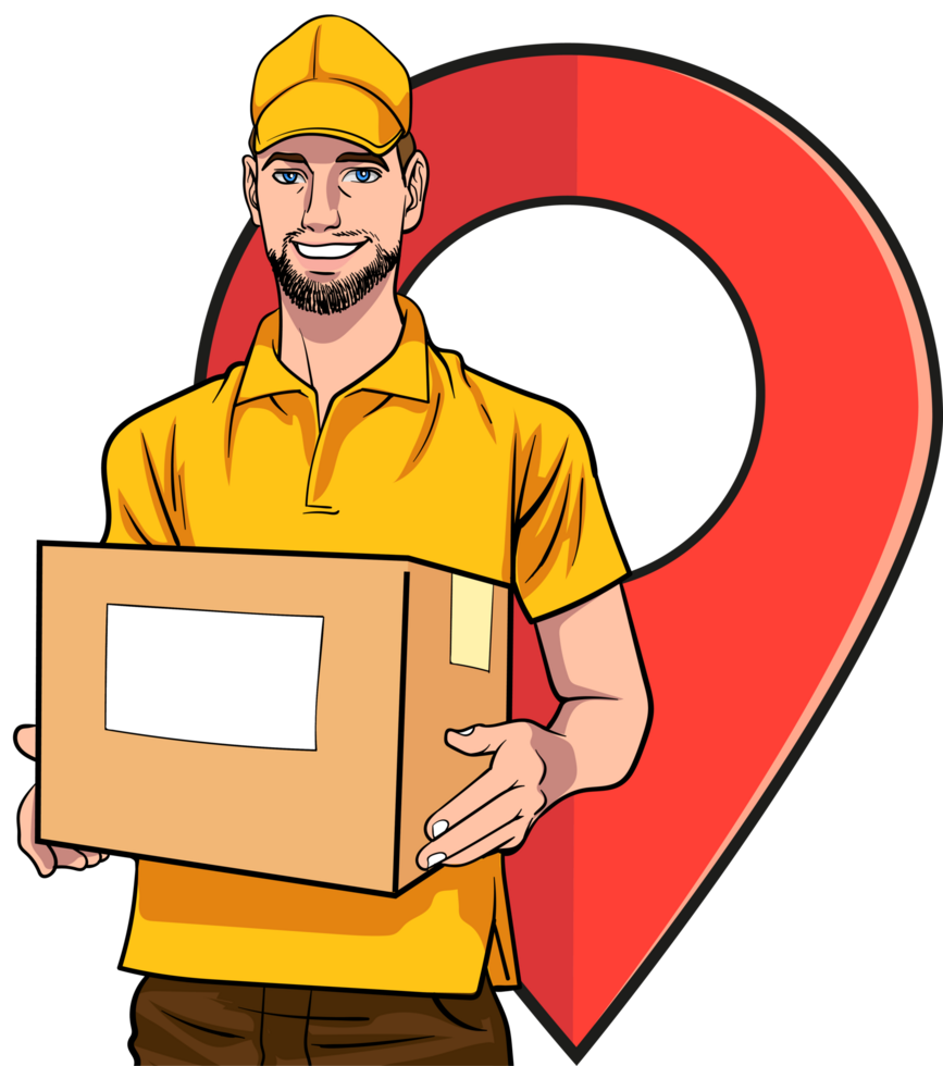 Cool retro delivery man checks location via smartphone while delivering with a smile png