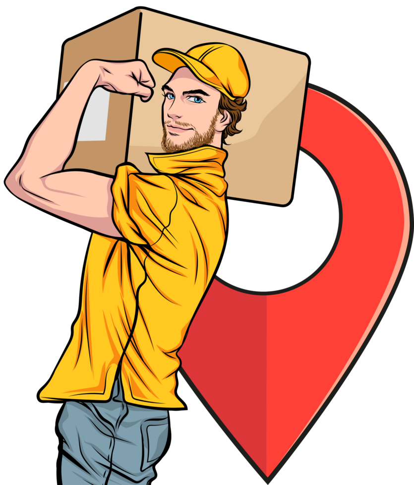 Delivery man flexes muscles while holding large parcel with strength and ready to deliver with precision. png
