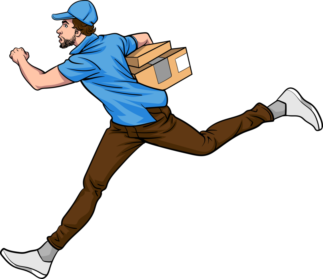 A male employee in a comic-style uniform is running in a hurry to deliver a package to a customer. png