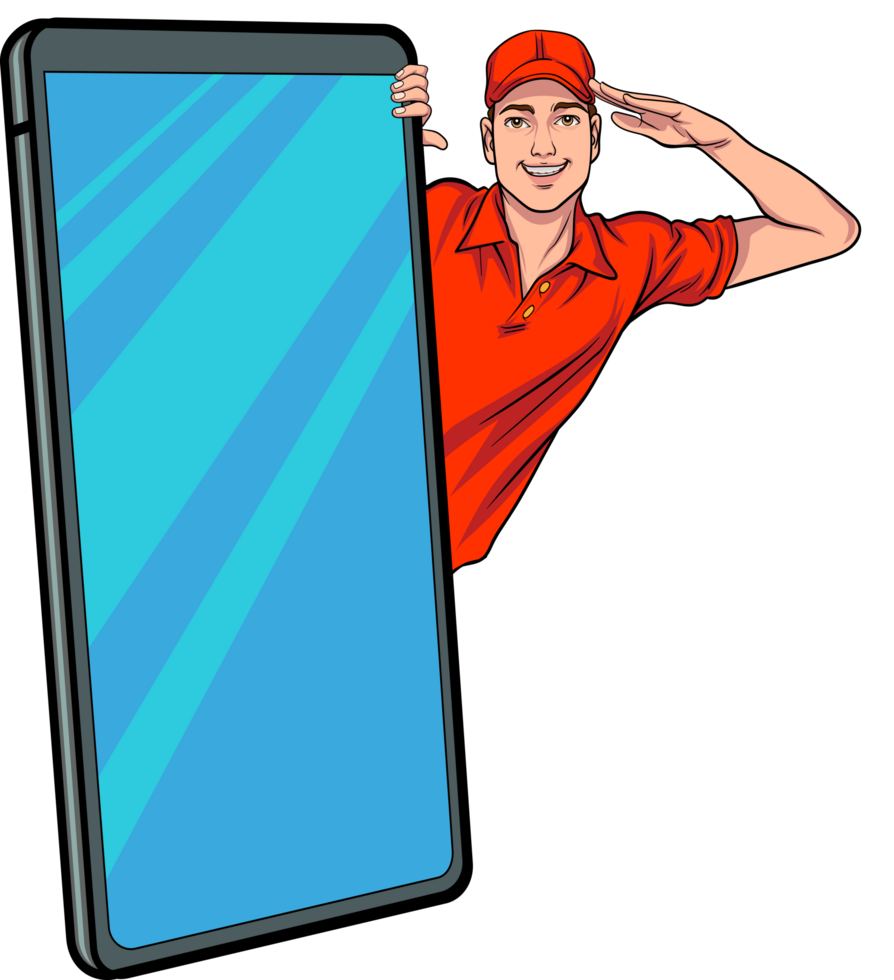 A billboard featuring a delivery man emerging from a giant smartphone conveys the message of fast service and attentiveness. png