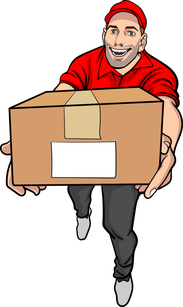 Vintage logistic worker sealing a carton box with packing tape. png