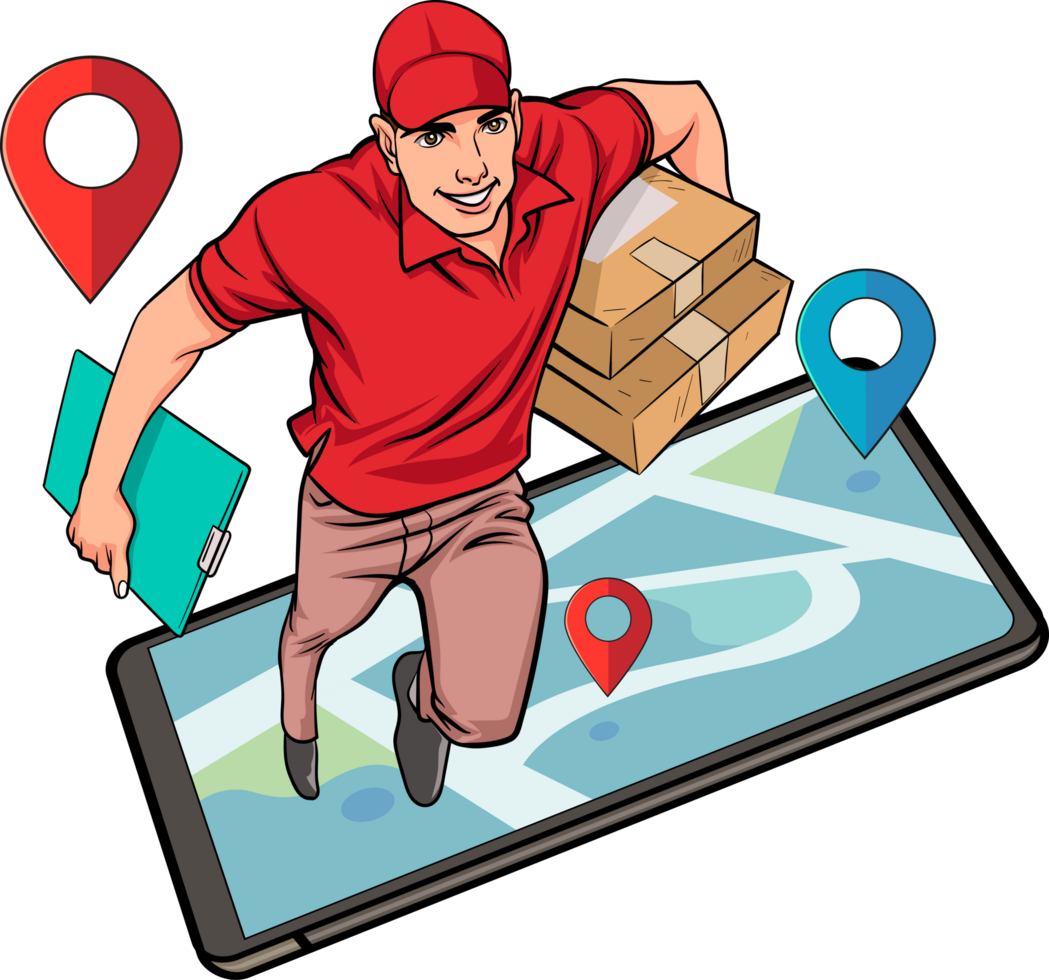 Delivery man in red pop art uniform carries parcel with speed and precision. png