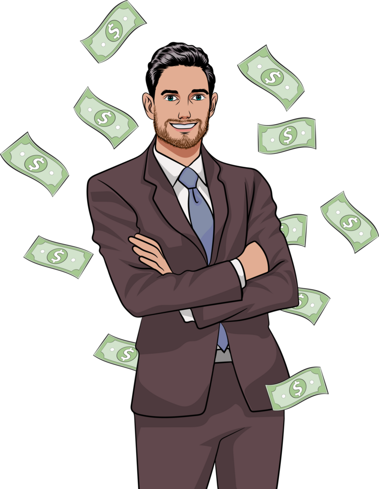 A super-chic pop-art guy in a cool suit, standing with his arms crossed over his chest with money scattered down. png