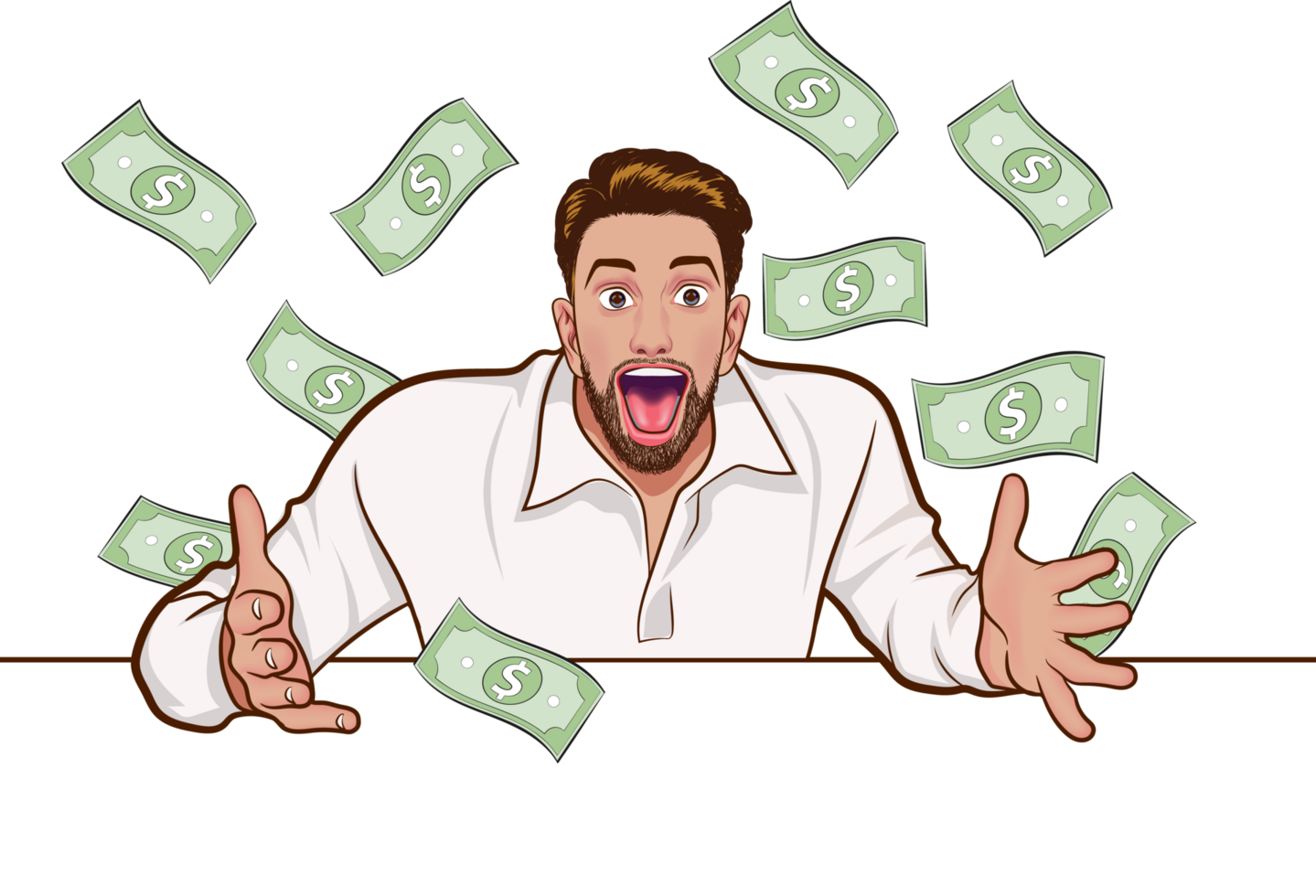 Pop art banker counting stacks of currency with a bemused look. png