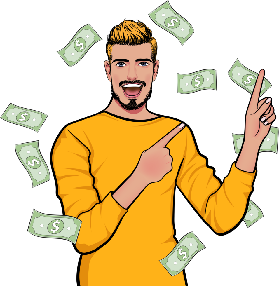 A young man with dyed hair and a beard points his two fingers upwards with a smiling face. png