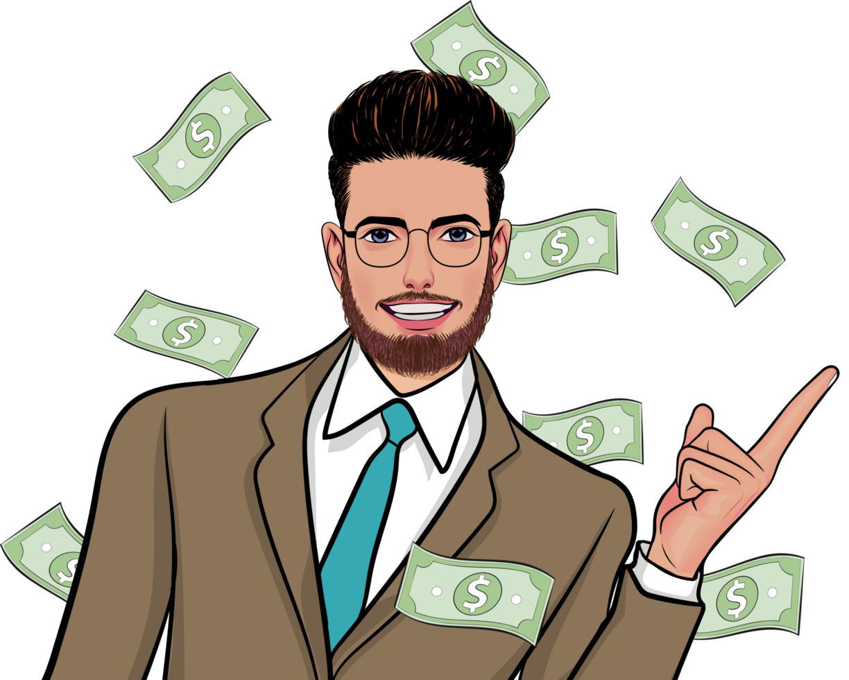 Pop art billionaire smiles happily as money is showered on him. png