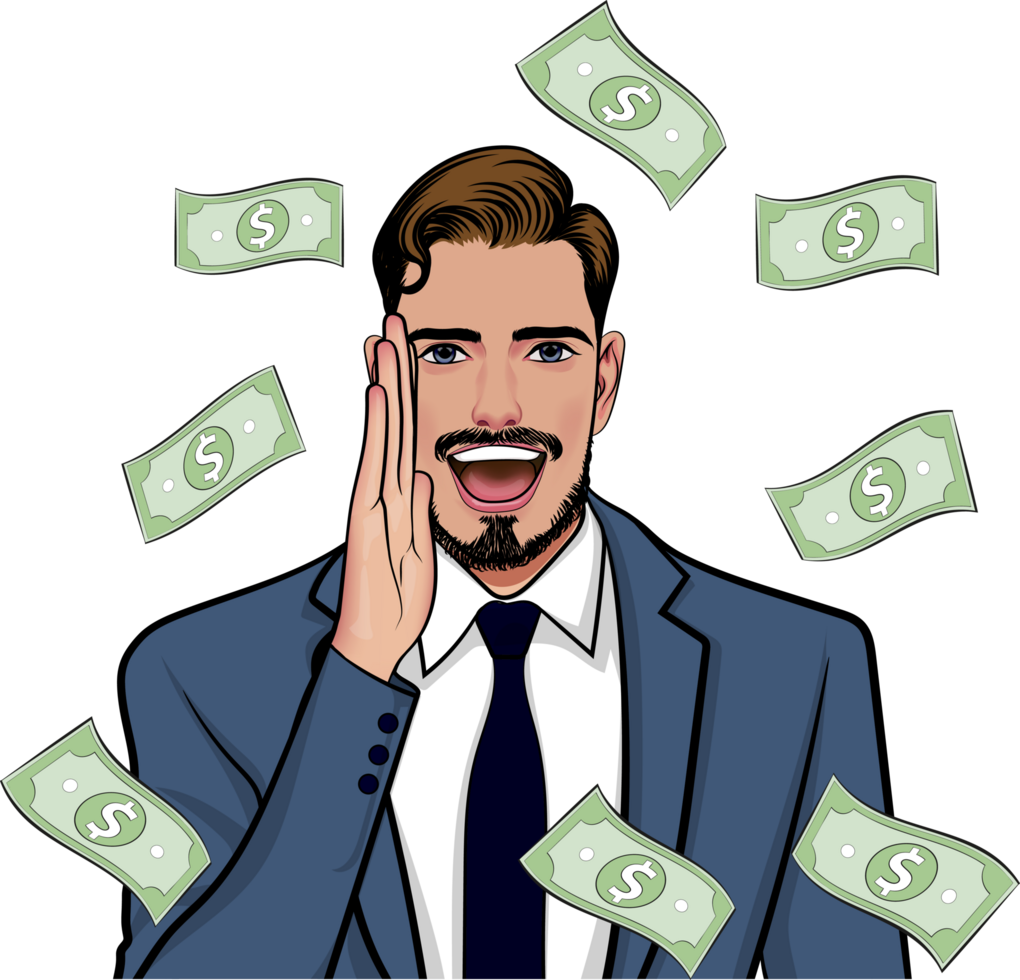 A super-chic pop-art guy in a suit, hands over his mouth, shouting and money being thrown down. png