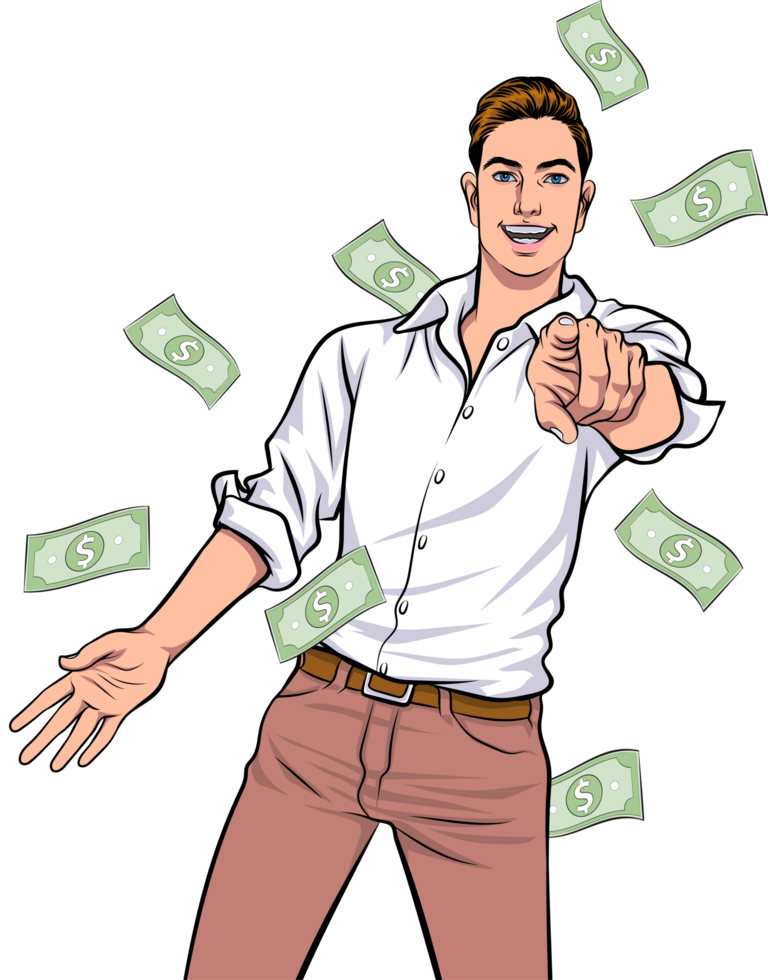 A handsome young investor smiles and points his finger forward, expressing his confidence. png