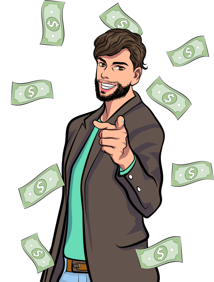 Pop art CEO standing proudly in front of a growing financial chart. png