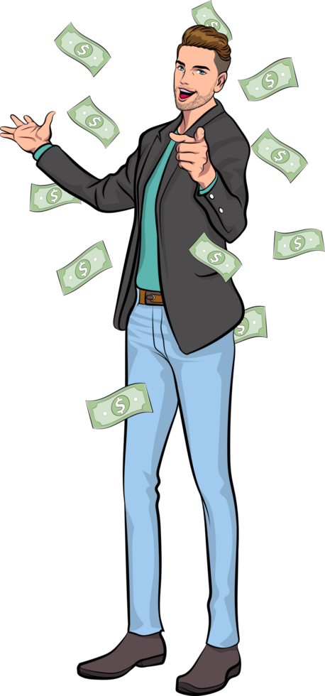 Pop art entrepreneur confidently pointing at a rising stock chart. png