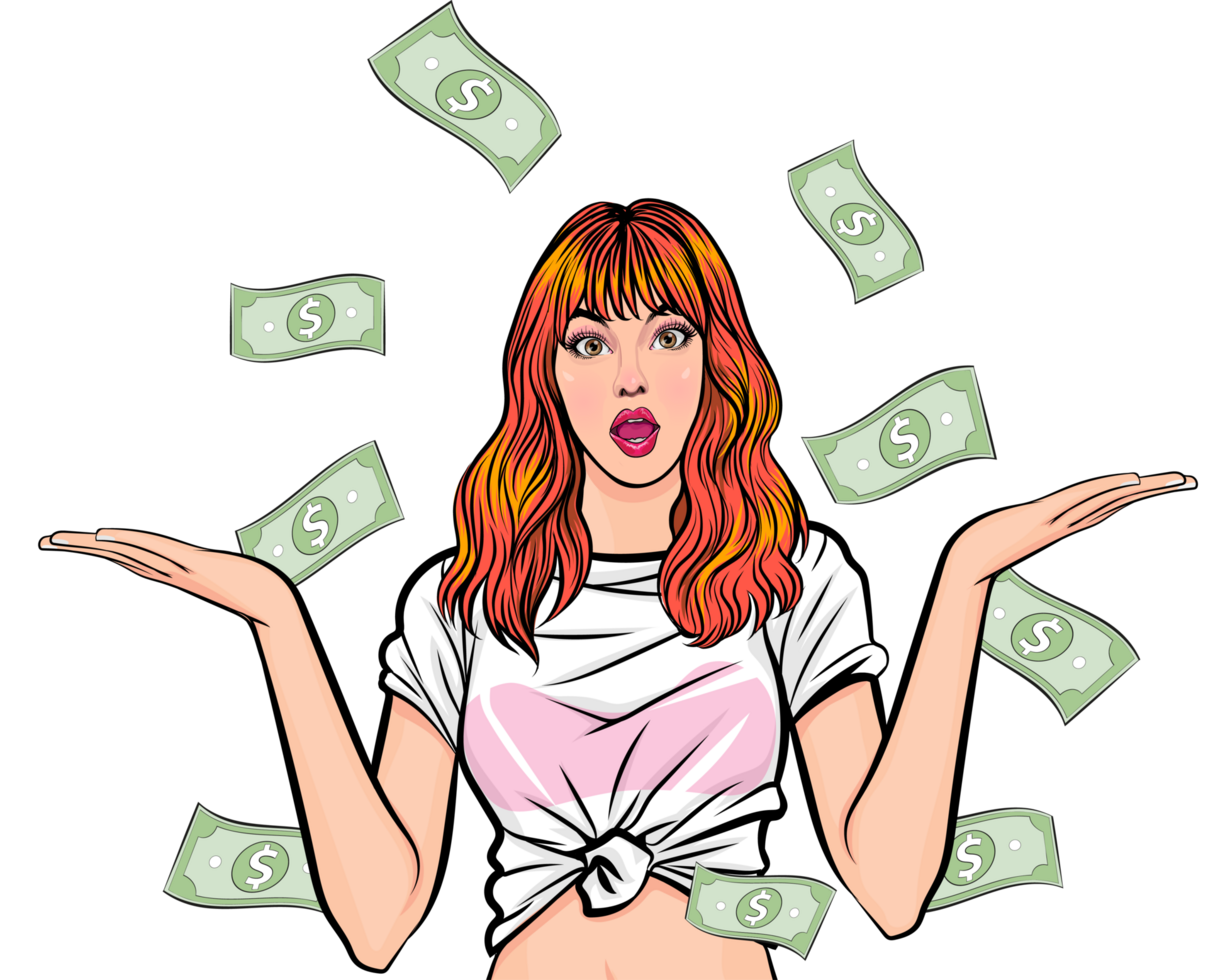 Retro banker counting stacks of money with excitement. png