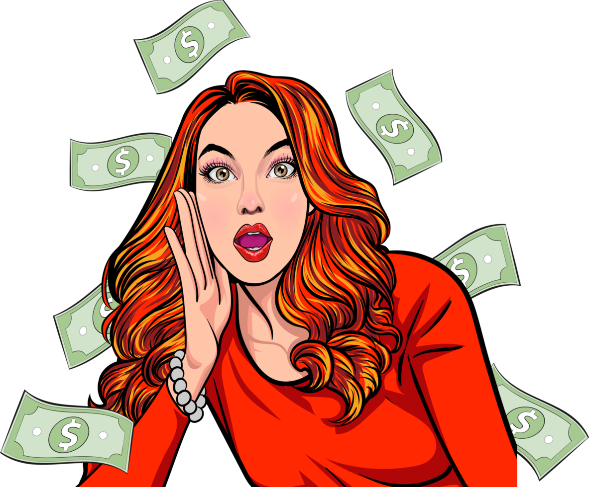 Glamorous retro lady with vintage waves, looking amazed. png