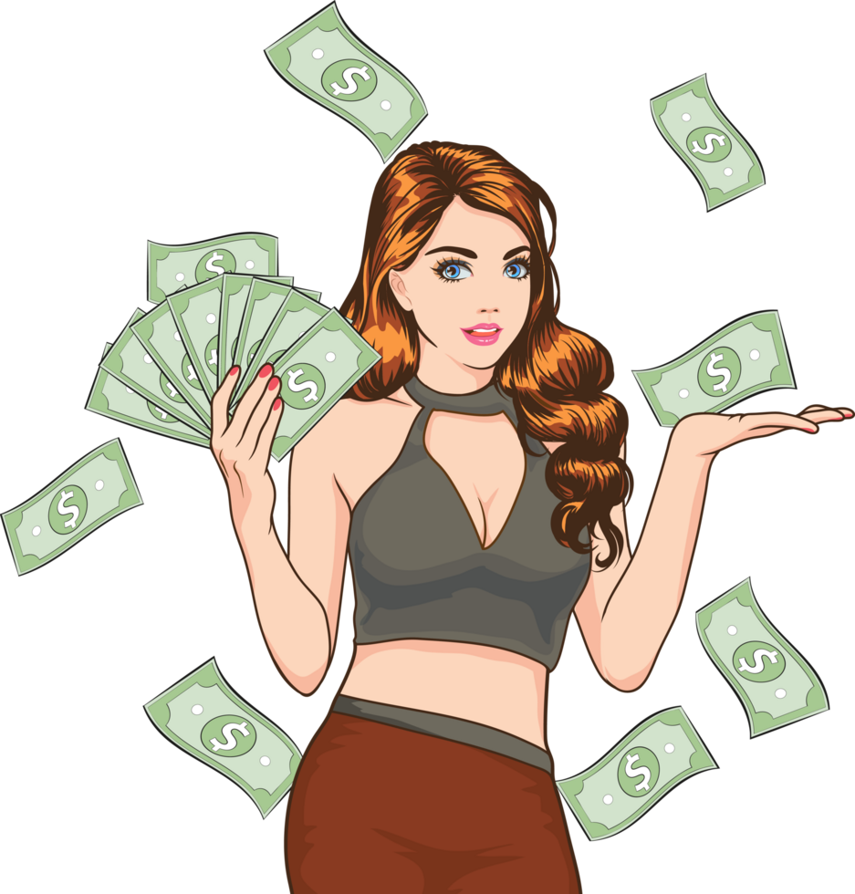 Retro millionaire counting stacks of money with a bemused expression. png