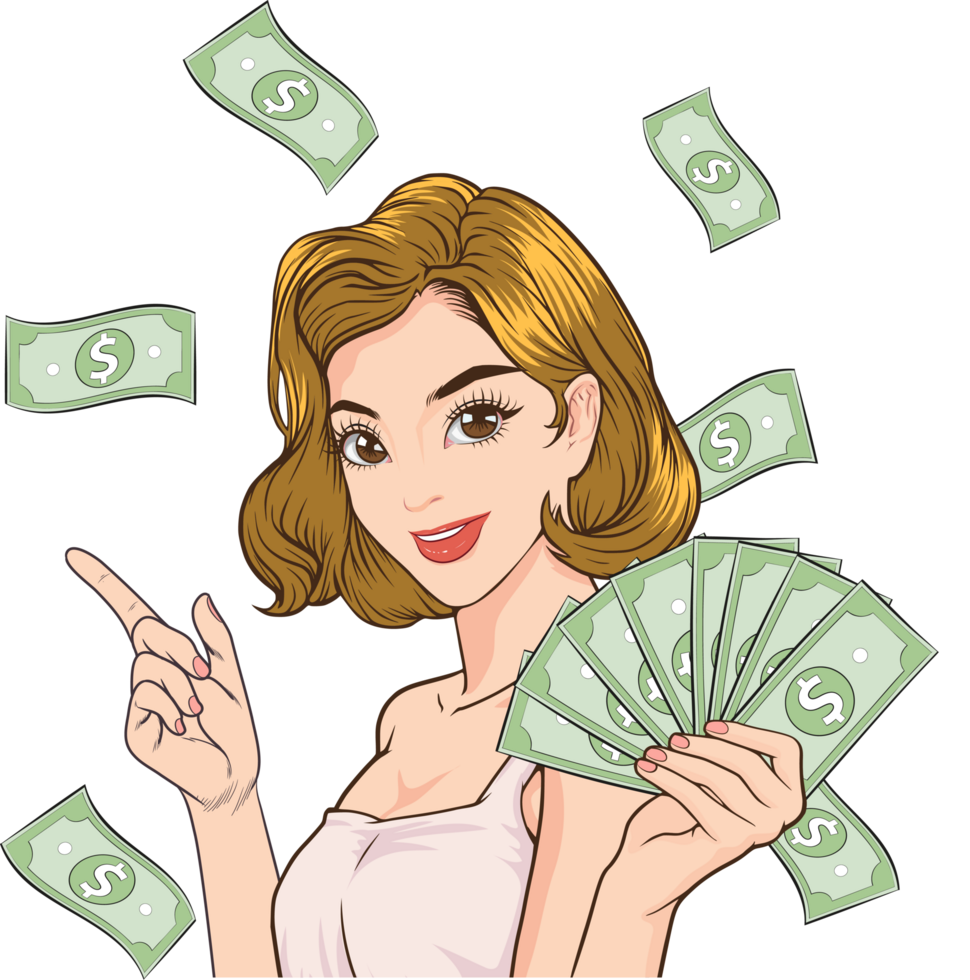 Pop art businesswoman holding dollar bills with a confident smile. png