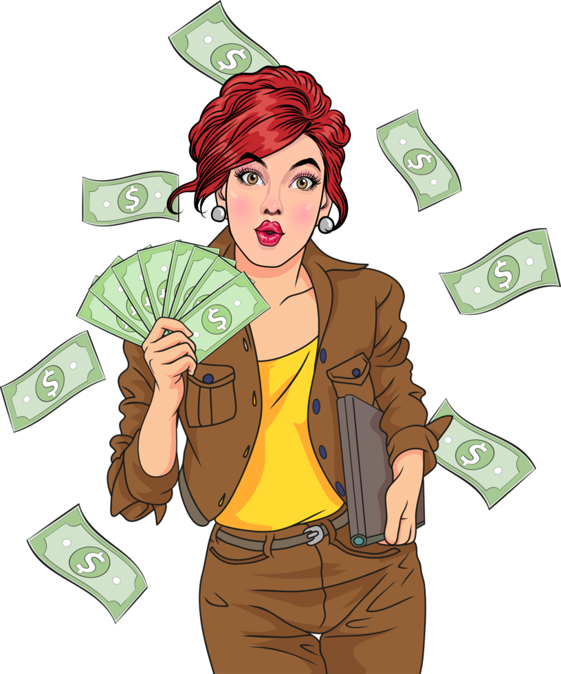 A beautiful saleswoman holds a large stack of banknotes and shows off her amazing sales. png